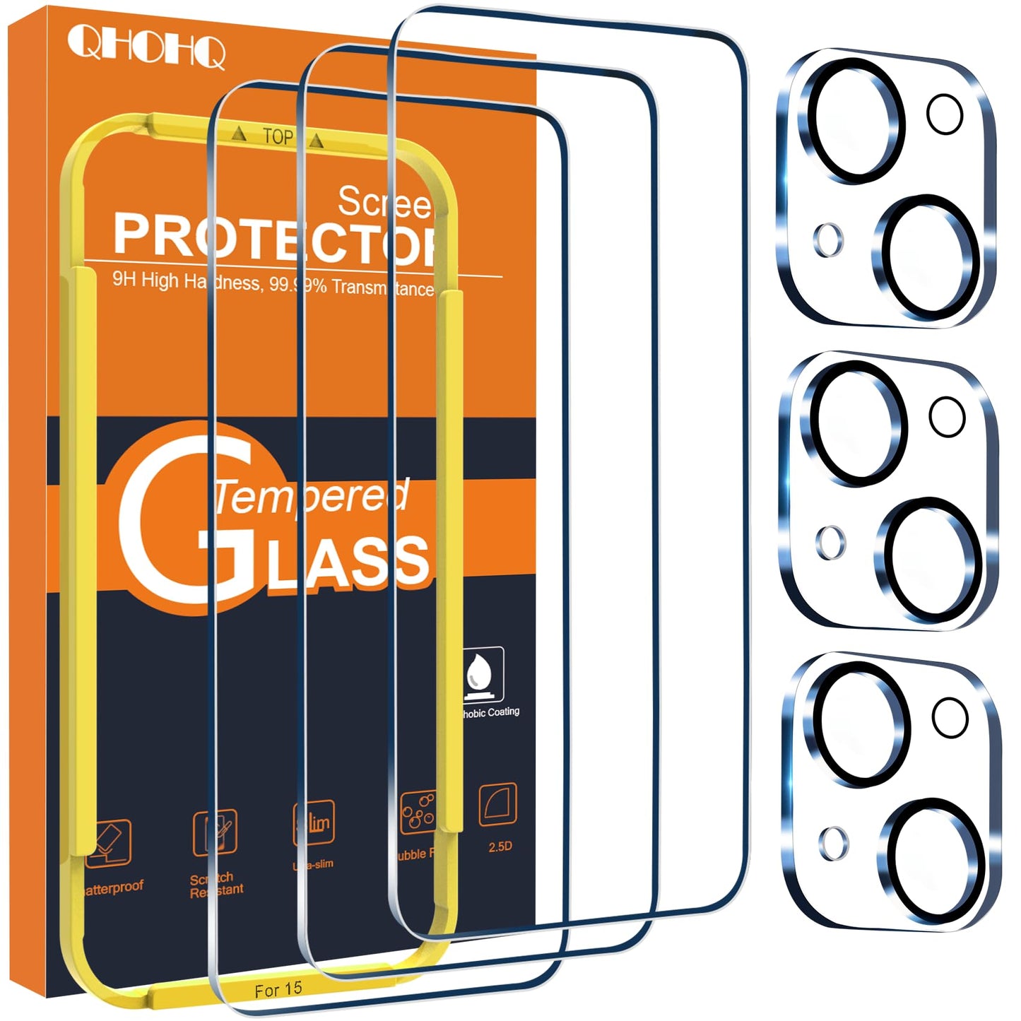 QHOHQ 3 Pack Screen Protector for iPhone 14 Pro 6.1 Inch with 3 Pack Tempered Glass Camera Lens Protector, Ultra HD, 9H Hardness, Scratch Resistant, Case Friendly