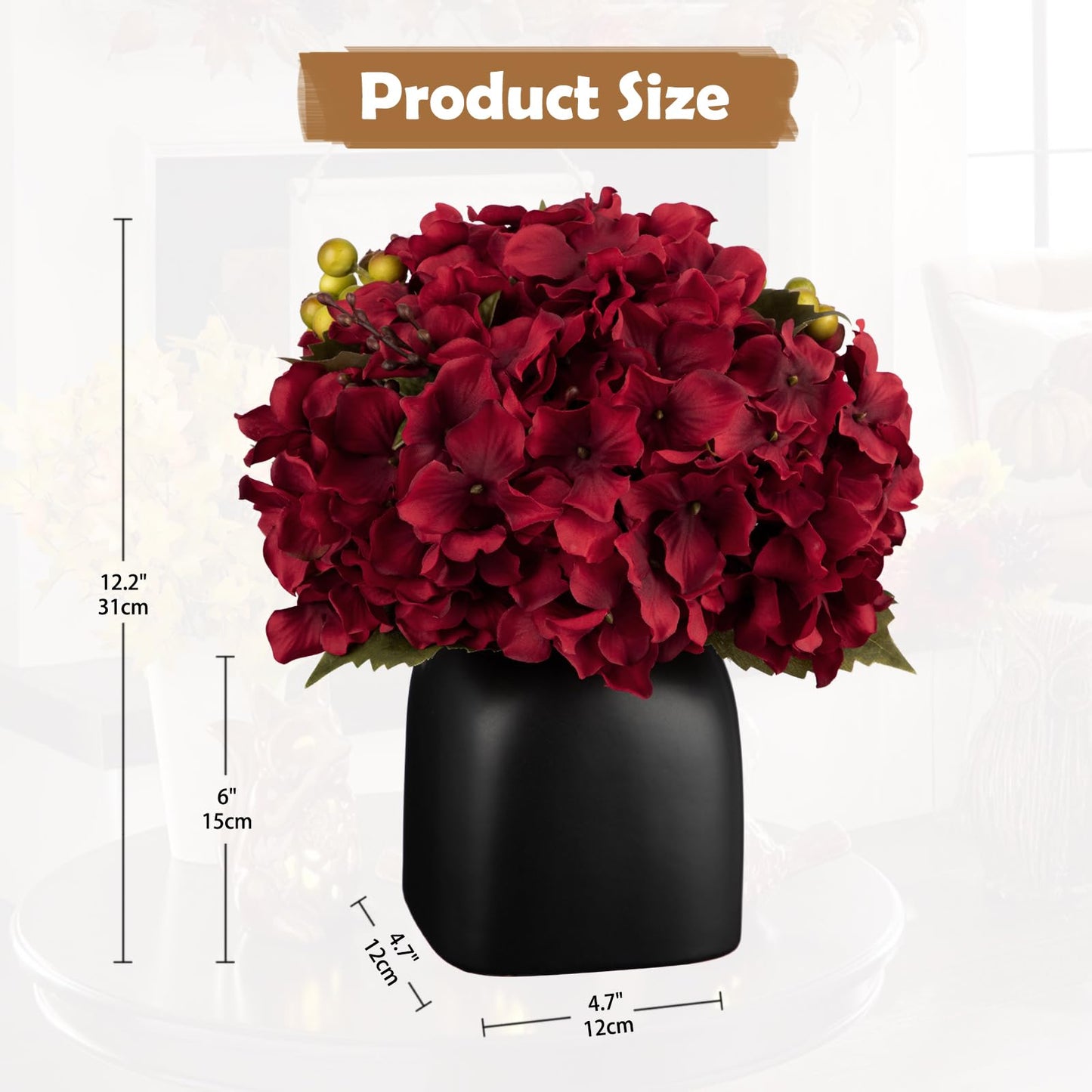 Briful Hydrangea Artificial Flowers in Ceramic Black Vase, Burgundy Silk Hydrangea Centerpieces for Tables, Realistic Dining Table Vase with Flowers for Farmhouse Home Decor Indoor