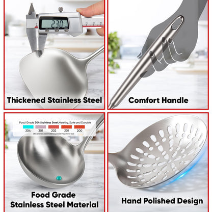 5 Pcs Newness Cooking Utensils Set, 304 Stainless Steel Kitchen Utensils Set, Metal Kitchen Accessories, Include Soup Ladle, Slotted Skimmer Spoon, Spaghetti Spoon and Spatula, Dishwasher Safe