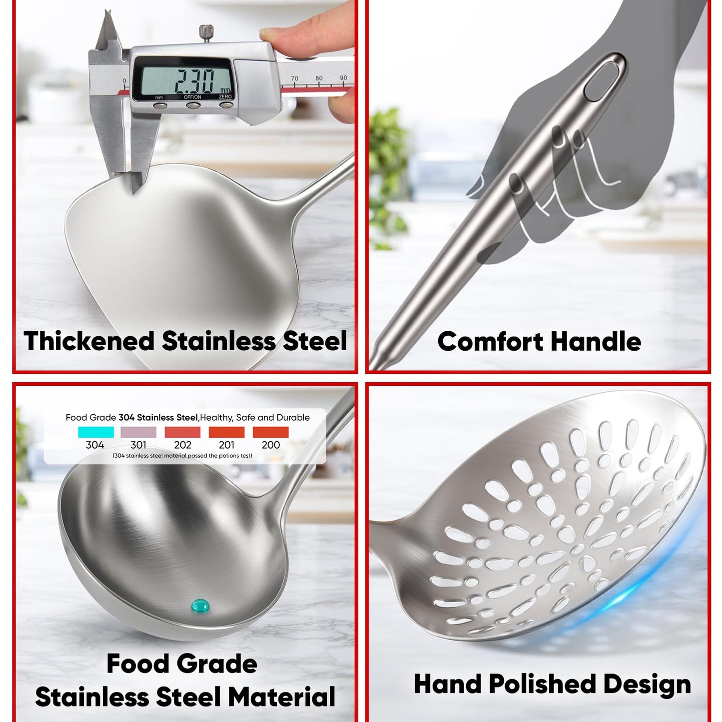 5 Pcs Newness Cooking Utensils Set, 304 Stainless Steel Kitchen Utensils Set, Metal Kitchen Accessories, Include Soup Ladle, Slotted Skimmer Spoon, Spaghetti Spoon and Spatula, Dishwasher Safe