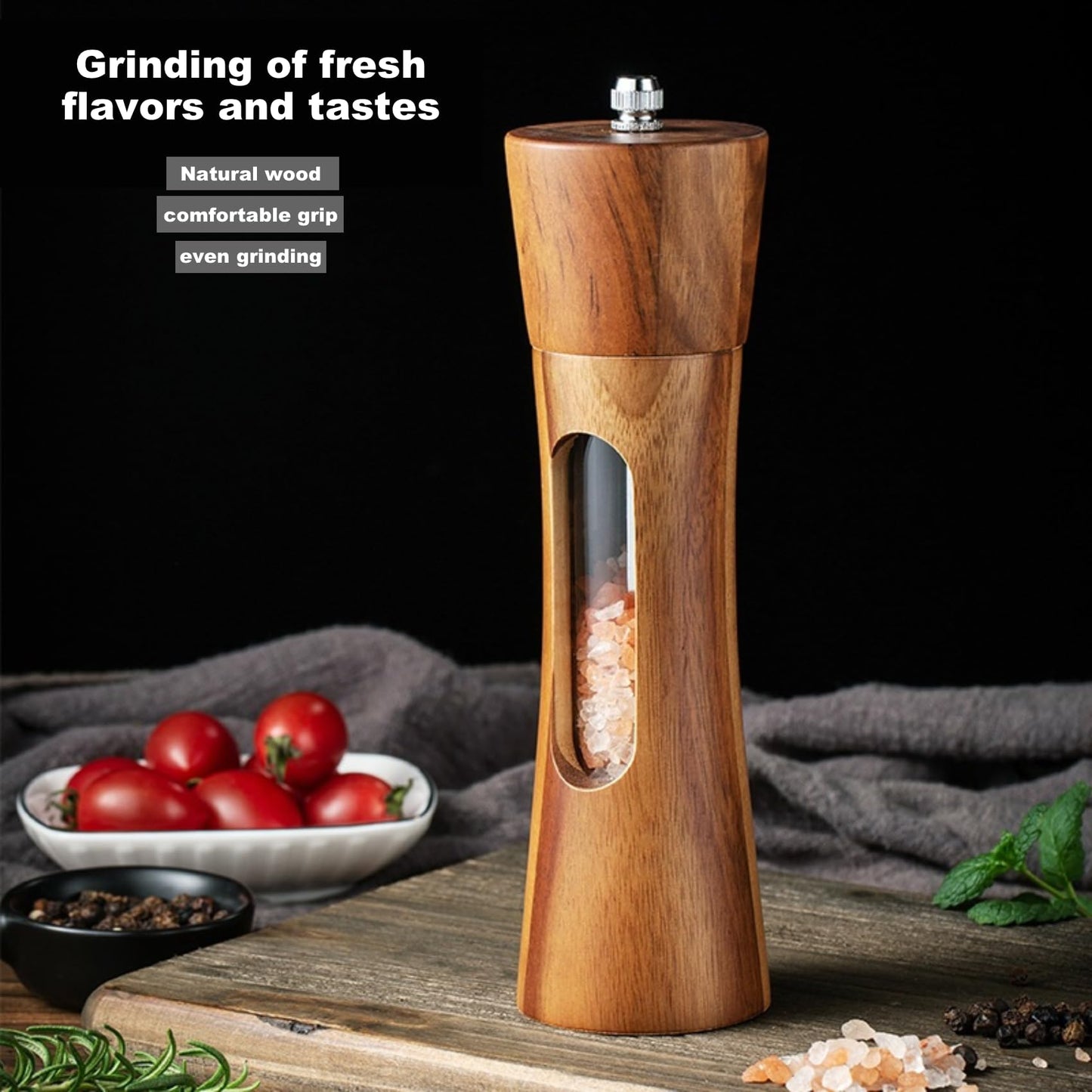 GCFTIFF Acrylic Wooden Salt and Pepper Grinder Set, Solid Acacia Wood Shakers with Adjustable Ceramic Steel Core,Manual Pepper Mill with Wooden Stand & Spoon(2pcs,8 inches)