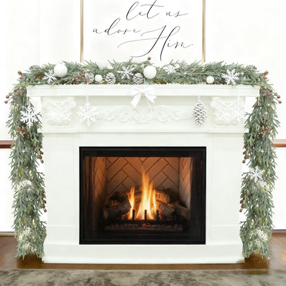 6FT Christmas Garland with Lights, Pre-Lit Artificial Pine Garland with Red Berries, Lighted Flocked Garland for Table Mantle Fireplace Door Stairs Windows Wall Indoor Outdoor Holiday Christmas Decor