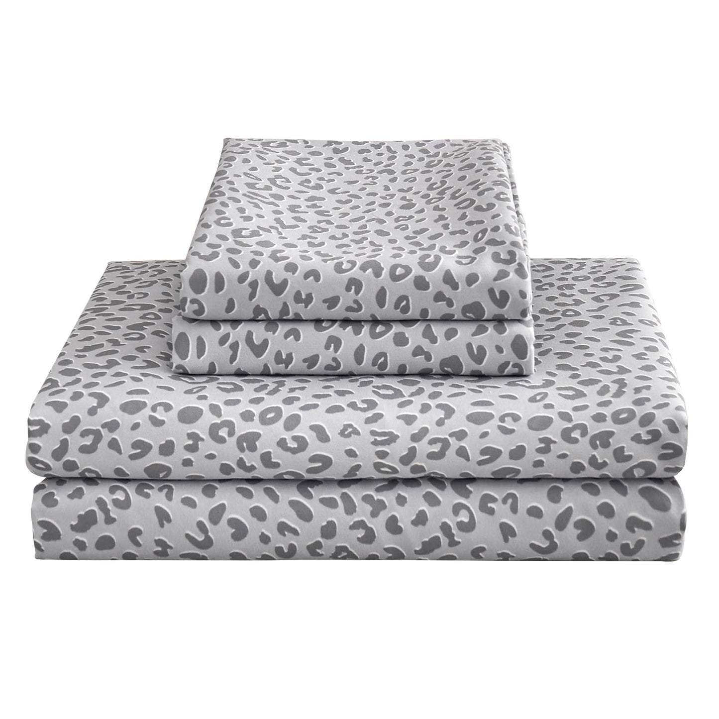 Mooreeke Leopard Cheetah Printed Full Bed Sheets, Soft Microfiber Bedding Sheets & Pillowcases, Deep Pocket Non-Slip Fitted Full Sheet, Silver Grey Animal Pattern Bedsheets
