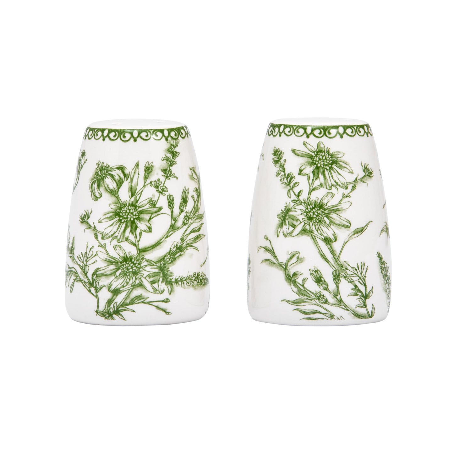 Bico Green Garden Toile De Jouy Ceramic Salt & Pepper Shaker Set, for Kitchen or Decor, Dishwasher Safe
