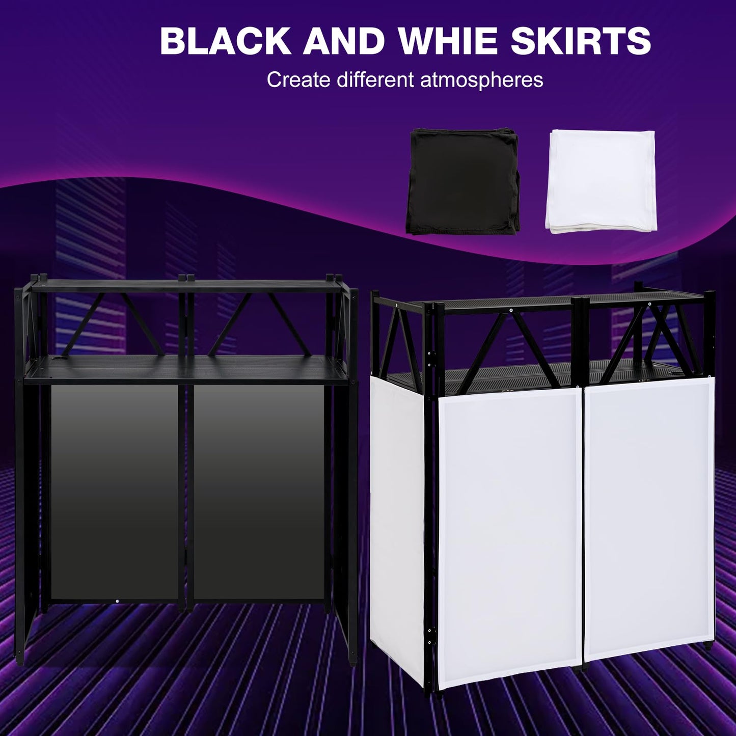Portable DJ Booth Table,Foldable DJ Table Stand with White & Black Scrim,Adjustable DJ Facade Booth Station Metal Frame with Cable Hole for Private Events, Clubs, Bars (Double Deck)