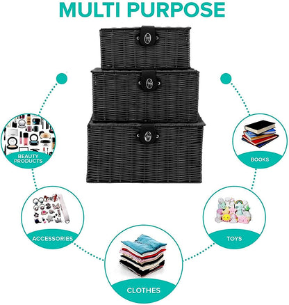 Homepeaz Set of 3 Woven Wicker Storage Basket Box with Lids & Lock, Built-in Carry Handles, Multifunctional Storage Organizer for Nursery, Baby, Clothes, Toys, Books, Large/Medium/Small Size (Black)