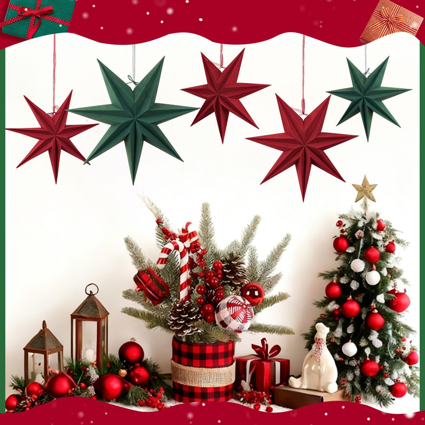 SUNBEAUTY Christmas 5Pcs Flocking Stars 7 Pointed 18 Inch 12 Inch Green Red Hanging Stars Lanterns Christma Hanging Lamp Decorations Wedding Birthday Christmas Home Party