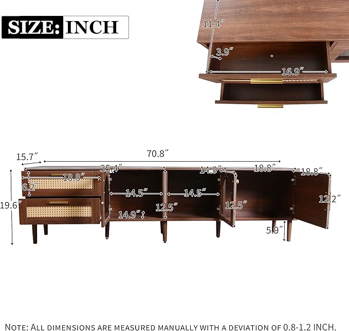 Merax Rattan TV Stand with LED Lights, Solid Wood Feet, Living Room, Bedroom