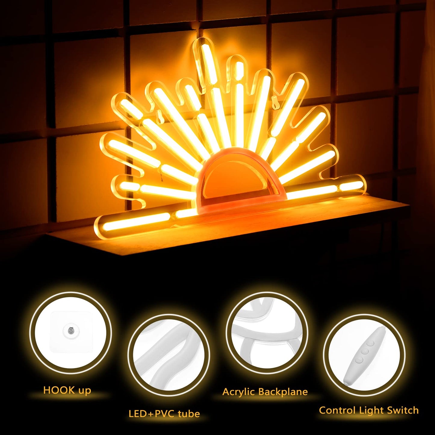 Ganeen Orange Sunrise Sunset Neon Sign Boho Wall Art Neon Lights for Bedroom Sun on The Horizon LED Signs Wall USB Night Room Decor for Living Room, Kitchen, Bathroom, Office Decor, Christmas Gifts
