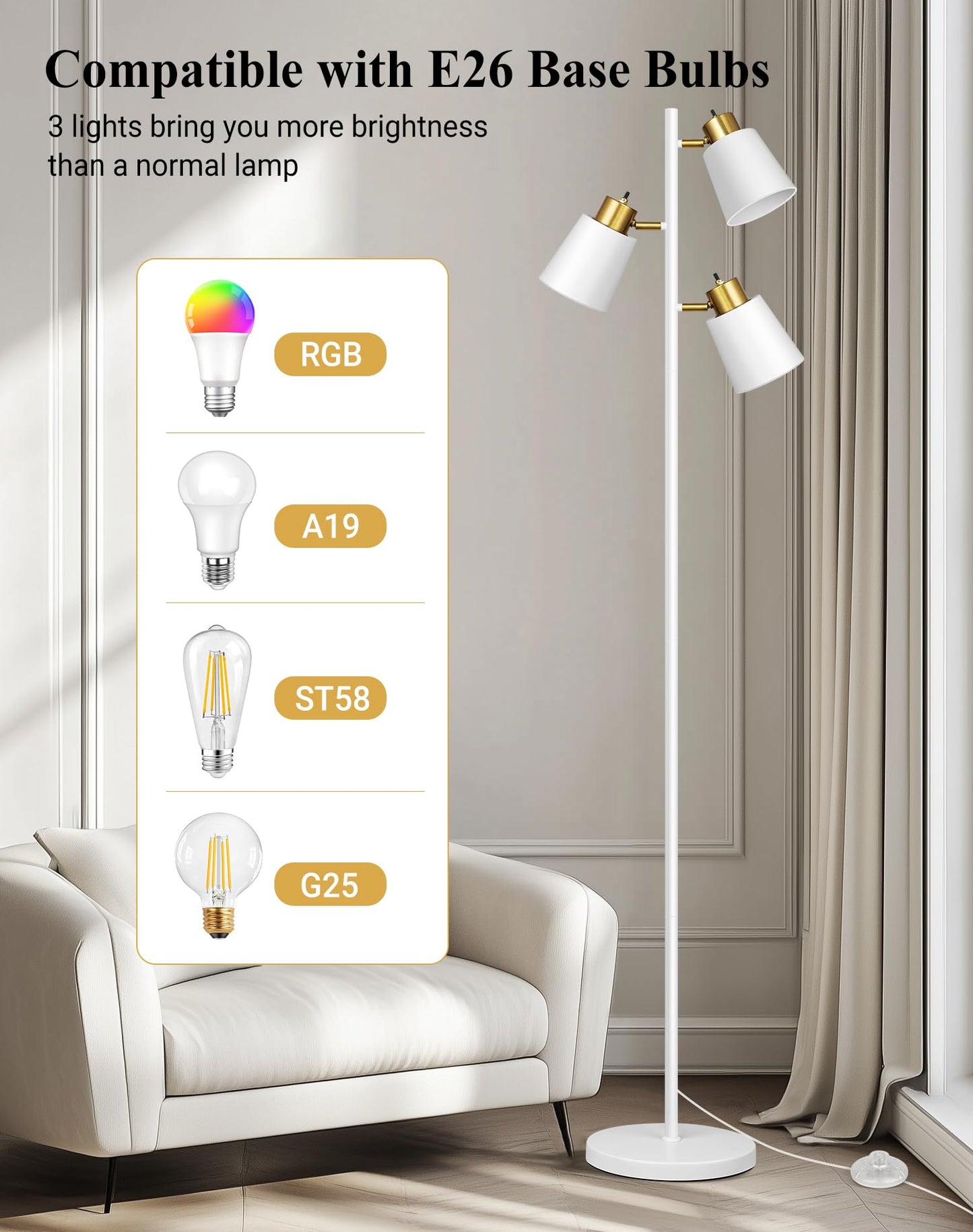 QiMH Tree Floor Lamps for Living Room, 67" Modern Standing Floor Lamp with 3 LED Bulb, Industrial Tall Lamp Reading Lighting for Bedroom Study Office Decor, 3 Rotatable Light Heads, White Gold