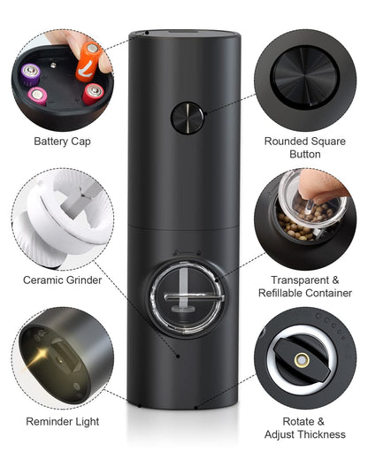 COKUNST Electric Pepper and Salt Grinder Set, Battery Powered Adjustable 5 Levels of Coarseness Black Pepper Mills with Stand, Automatic Grinding with LED Light for BBQ Resturant Kitchen