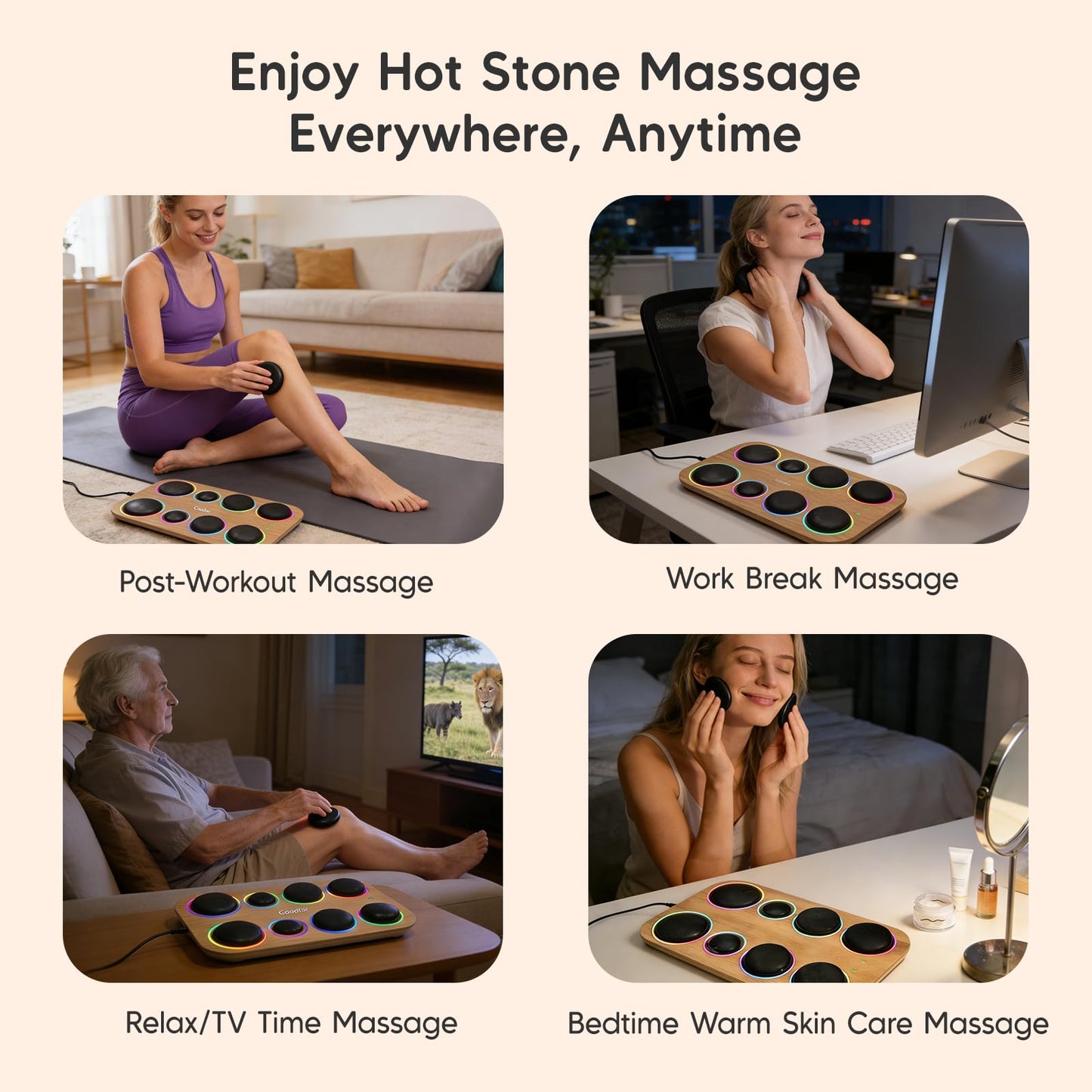 Goodtar 8PCS Hot Stone Massage Set with Warmer –Basalt Stones Massager for Deep Tissue Pain Relief & Muscle Relaxation, Home Spa Kit with Soothing Ambient Light – Valentine's Day & Birthday Gift