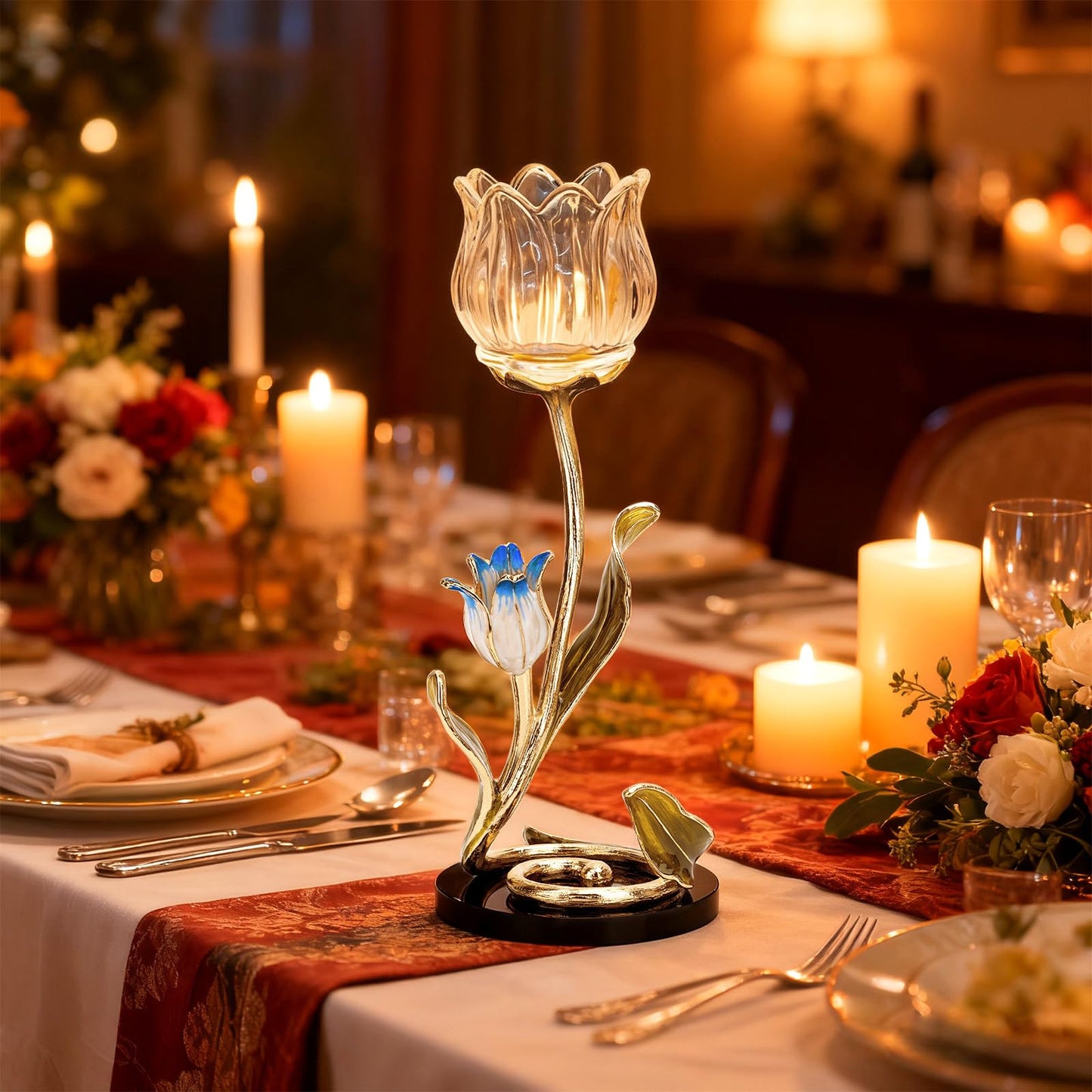 Luxury Crystal Glass Flower Candle Holder – Romantic French-Style Aromatherapy Tea Light Stand, Gold Floral Table Centerpiece for Weddings, Home Decor, Romantic Ambiance