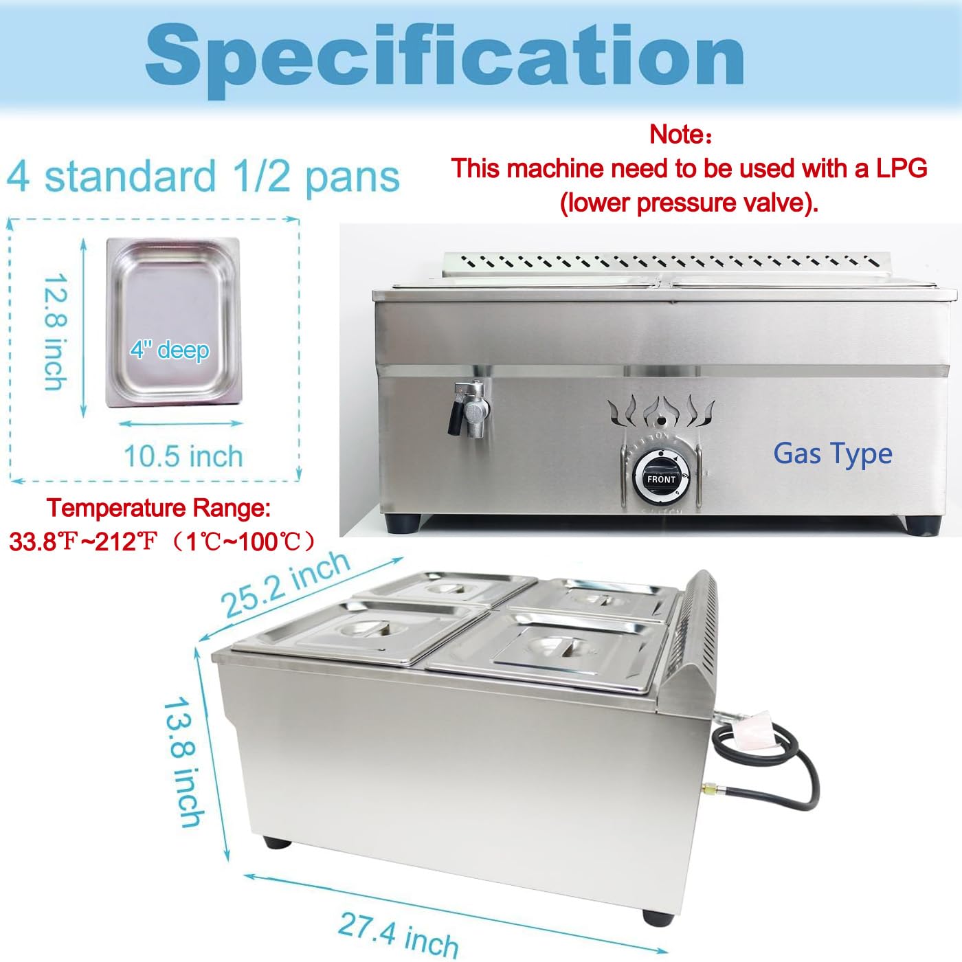 INTBUYING LP Gas Food Soup Warmer Propane Gas Stove Bain-Marie Commercial Canteen Buffet Steam Heater Stainless Steel with Gas Regulator Valve 12''x8.7''x4''Pan-4 Pans（Square）