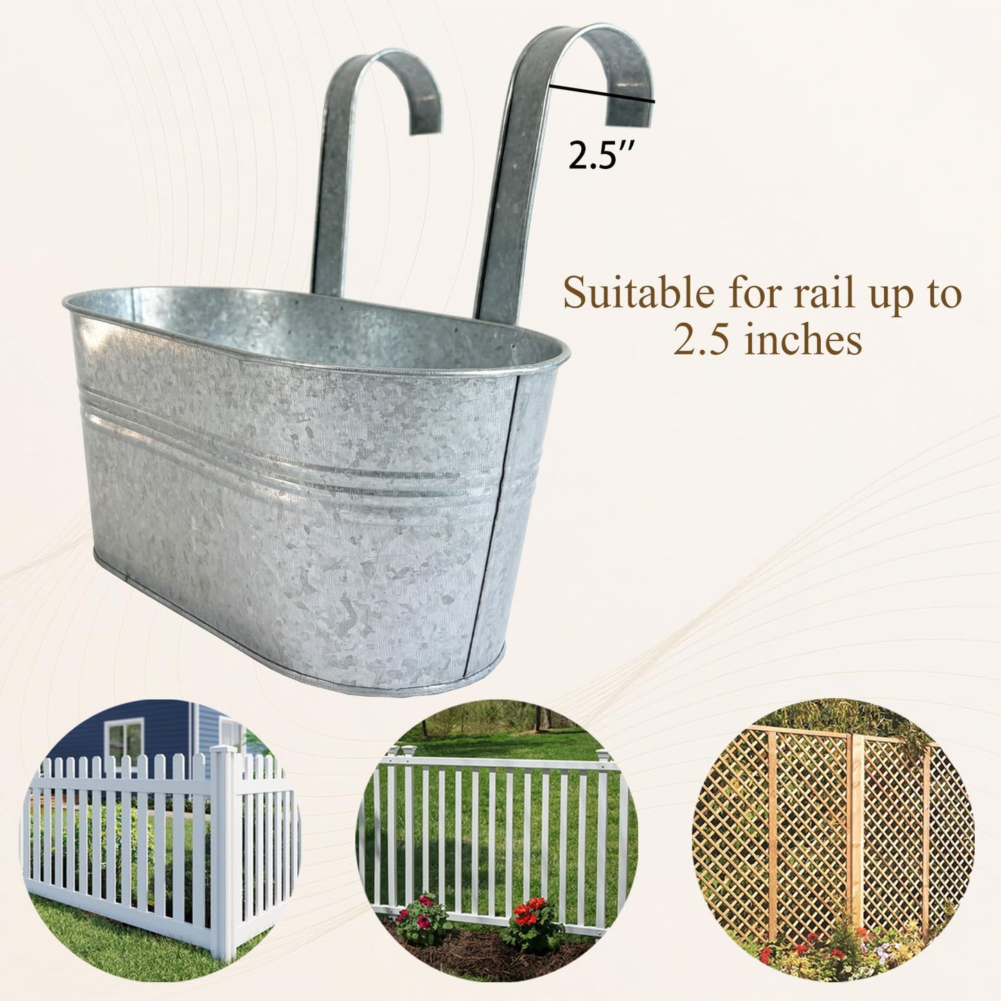 Joyfernal Balcony Galvanized Hanging Planters Railing Flower Pots, Outdoor Metal Fence Planter Pot with Detachable Hooks Drain Hole for Garden Patio Yard Decor (12 Inch, 6Pcs)