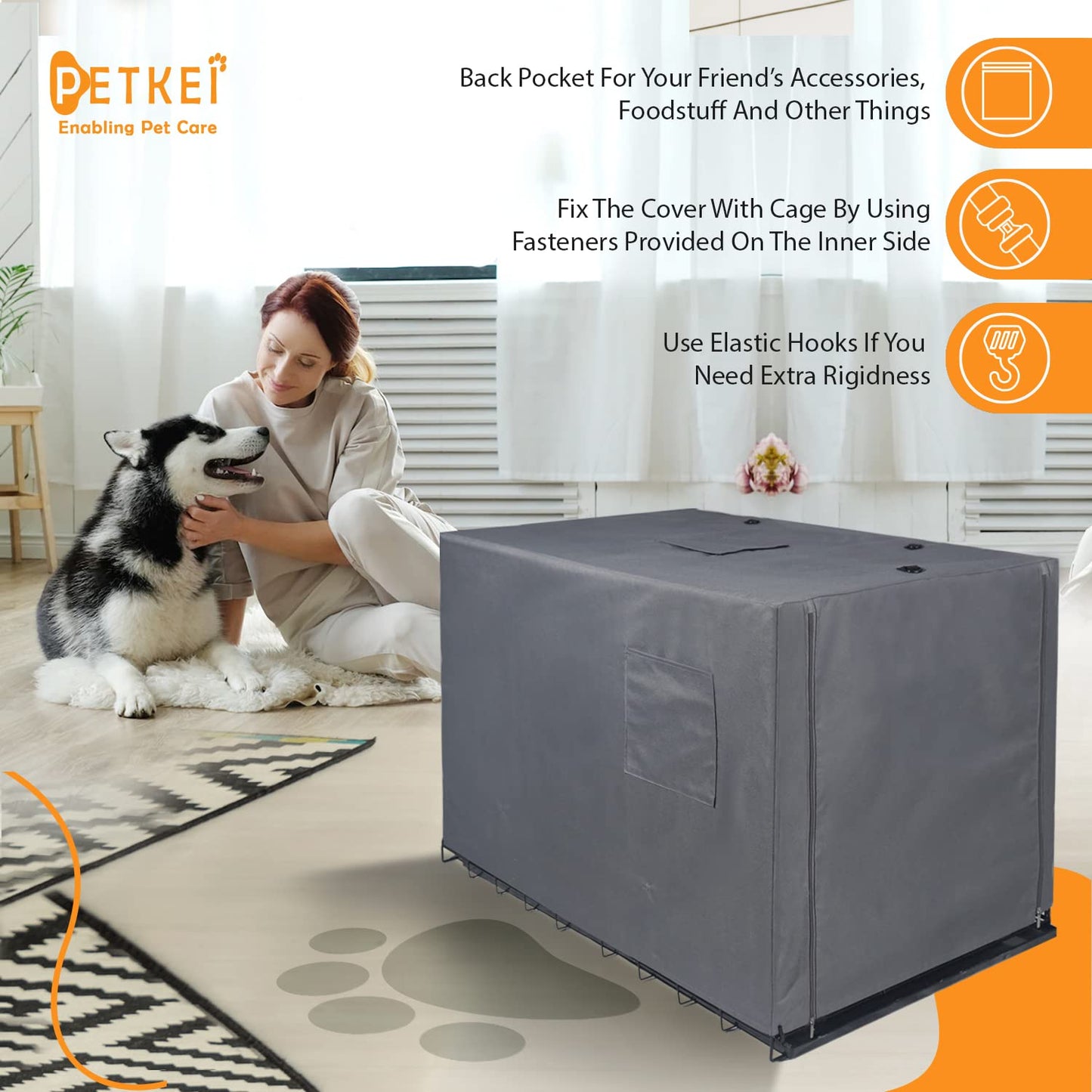 PETKEI Dog Crate Cover for Wire Dog Crate, Durable Polyester PU Coated Dog Cage Cover Designed for 1 & 2 Door Cage, Includes 1 Breathable Mesh Window & 1 Pocket (Cover Only) (Large - 36 Inches)
