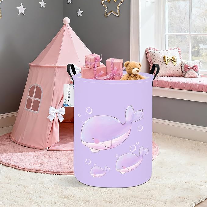 Round Foldable Girls' Storage Basket Kids Laundry Hamper Purple Gift Basket