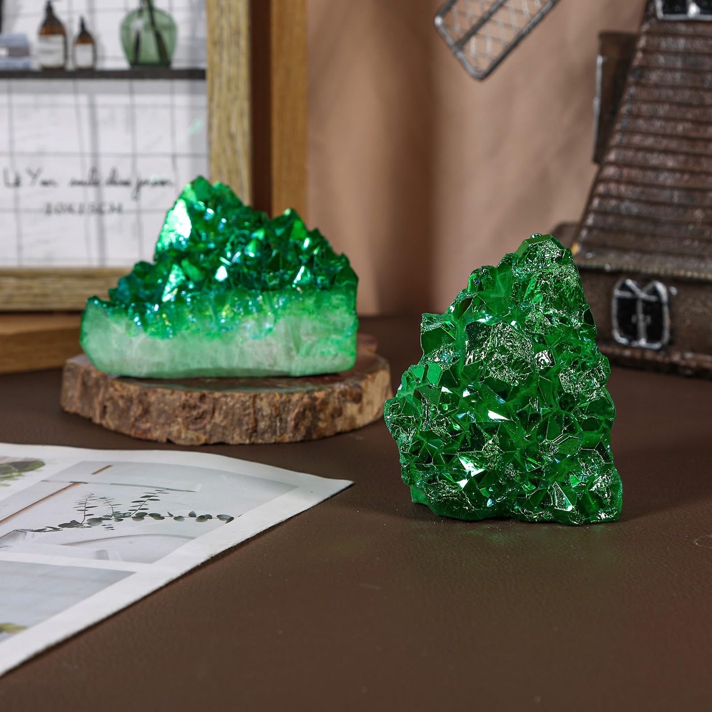 Sportmusies Titanium Coated Rock Crystal Cluster Specimen Home Office Decoration, Irregular-Shaped Quartz Cluster Stone for Reiki Healing Meditation, Green
