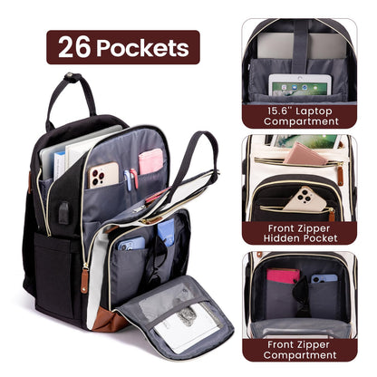 LOVEVOOK Laptop Backpack Women 15,6 inch, Waterproof Rucksack Bag with USB Port & Anti-theft Zipper, Large Womens Laptop Bags Back Pack for Work College Teacher Uni School Travel, Black