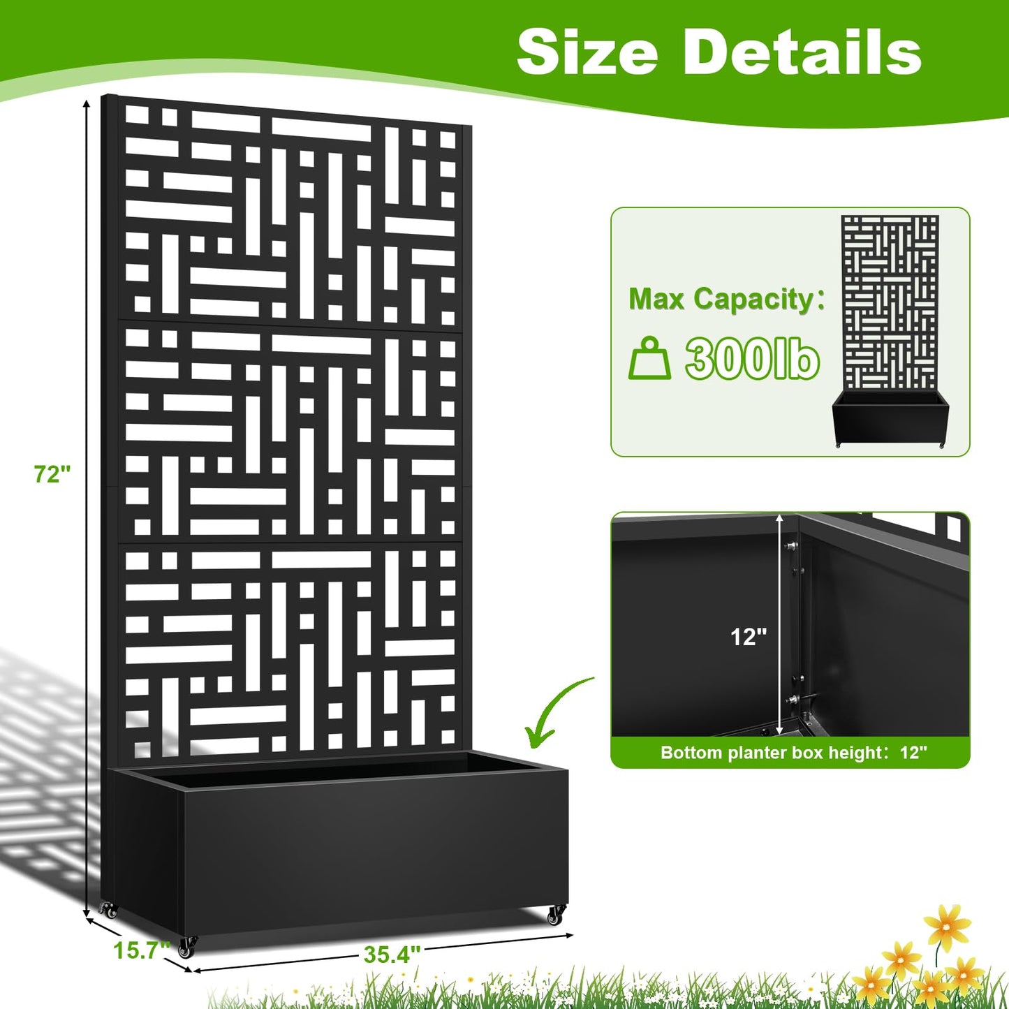 Meyoppm 72"x35"x16" Metal Planter Box with Trellis, Galvanized Steel Raised Garden Bed with Lockable Casters & Drainage Holes, Outdoor Large Planter Box for Climbing Plants, Vegetables & Flowers