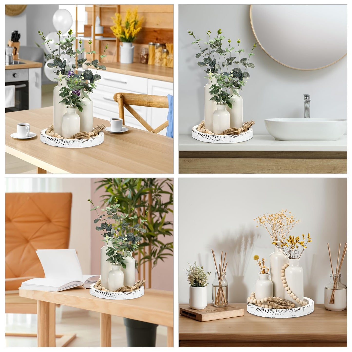 Tiangrid 5 Pcs Rustic Country Tabletop Centerpieces Decor Set of 3 Boho Ceramic Vases with Wooden Serving Tray Wood Bead Garland Tassels Table Holder for Home Decorations(White)