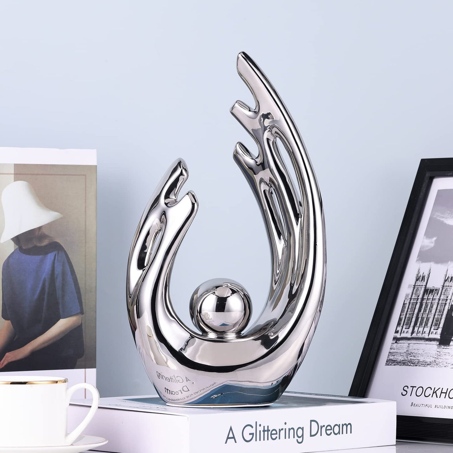 XMGZQ Silver Abstract Art Ceramic Statue Sculpture,Silver Home Modern Centerpiece Dinner Table, Kitchen, Bathroom Mantelpiece Coffee Table Office Aesthetic Decoration Silver Ceramic Statue Decor