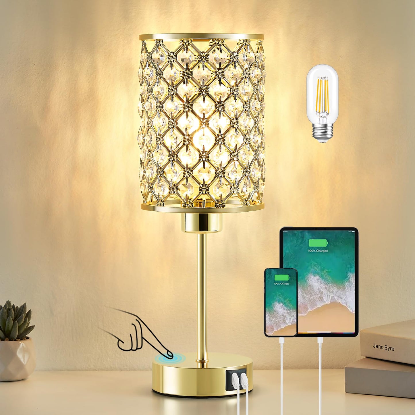 GyroVu Crystal Table Lamp, Gold Touch Lamp for Nightstand with USB C+A Ports, Dimmable Lamp with Crystal Shade, Bedside Lamp Small Lamp for Bedroom, Living Room(Buld Included)