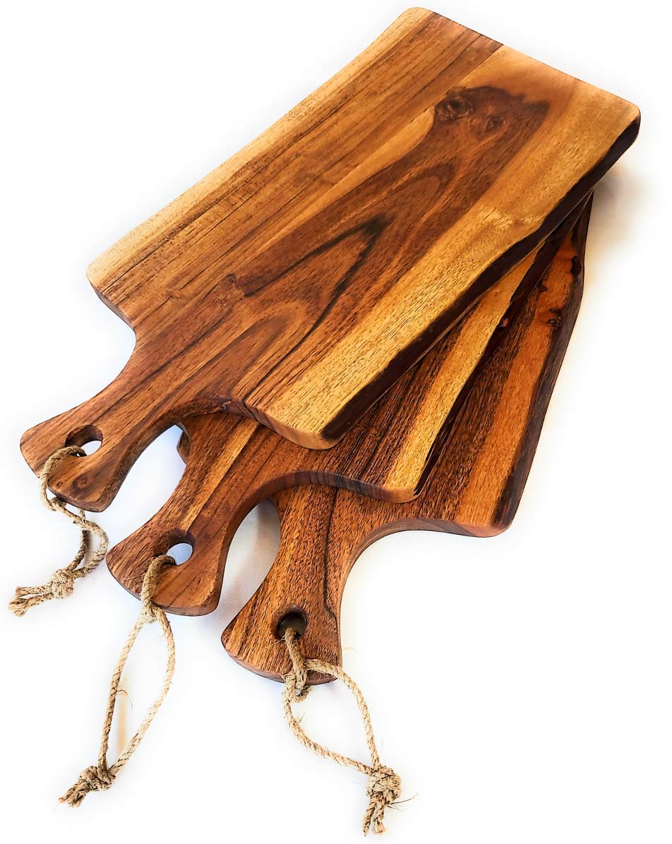 Acacia Charcuterie Board with Natural Live Edge & Handle - Wood Cheese Board - Decorative Wooden Serving & Cutting Board - Housewarming, Mothers Day, New Home & Wedding Gifts (18” x 8”)
