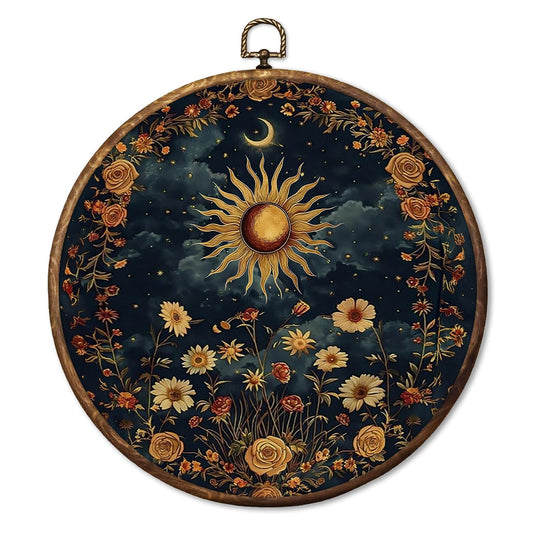 HUGANE Vintage Celestial Floral Sun Moon Round Wall Art Decor, Boho Mystical Dark Cottagecore Botanical Hanging Canvas Framed Prints Wall Sculptures for Home Bedroom Living Room Decor, 10x10 Inch