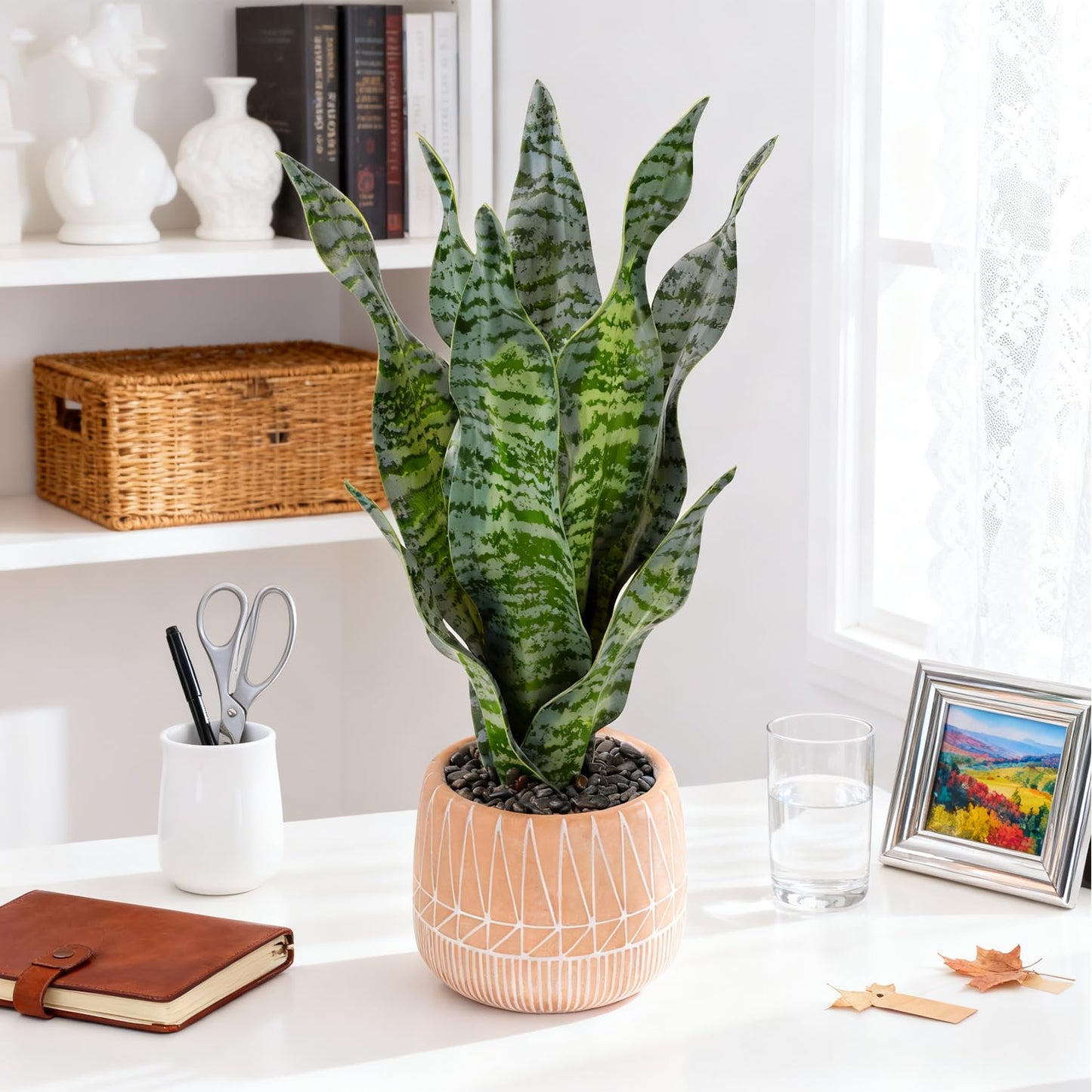 DUZYXI Artificial Realistic Snake Plant 17" with Concrete Pot Fake Snake Plants Sansevieria Greenery Faux Snake Plant for Home Office Living Room Housewarming Gifts Indoor Decor