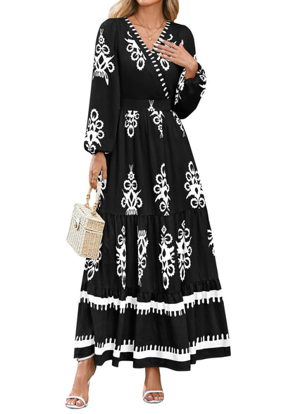 PRETTYGARDEN Women's 2025 Fall Wedding Guest Dresses Boho Floral Long Sleeve V Neck Flowy Elegant Maxi Dress Beach Clothes