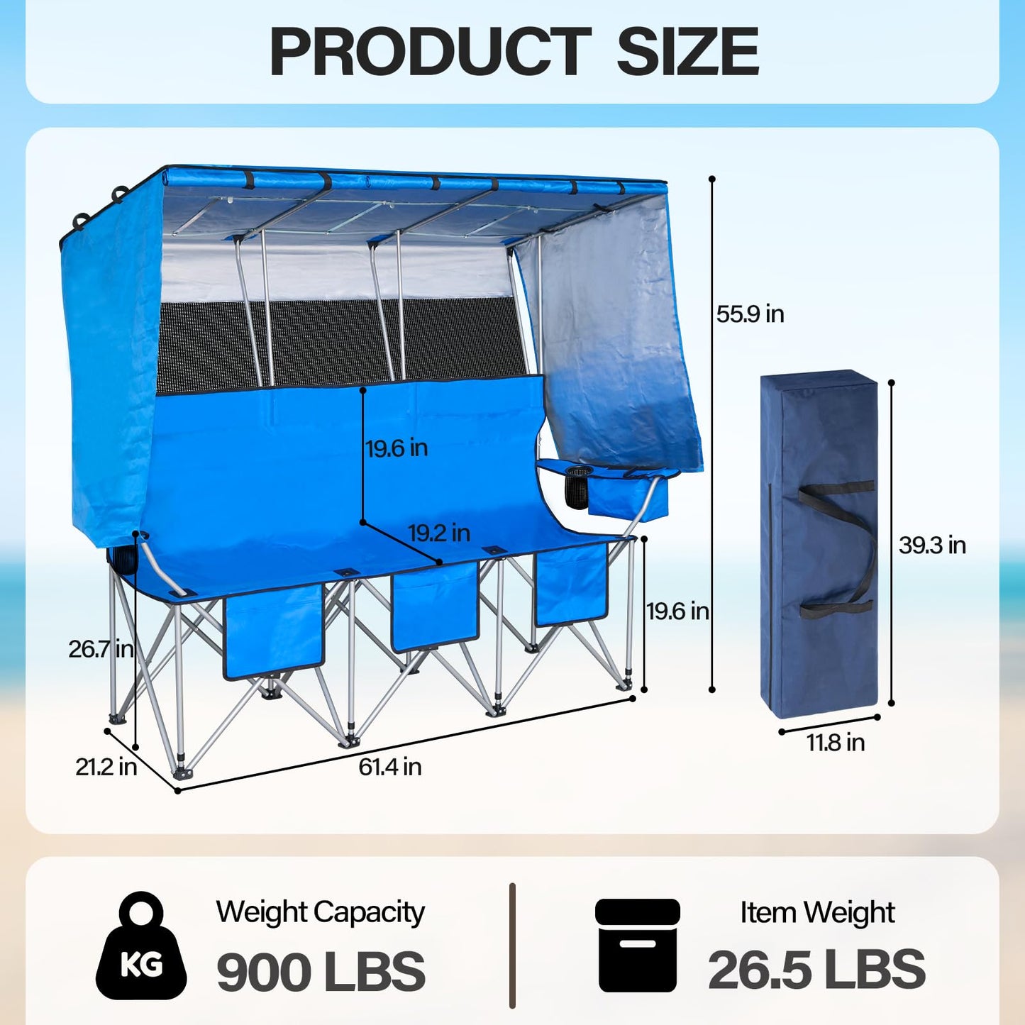 BESTHLS 3 Person Camping Chair with Canopy Shade Oversize Folding Beach Chair with 3 seat for Camp Outdoor Concert Sports（Blue