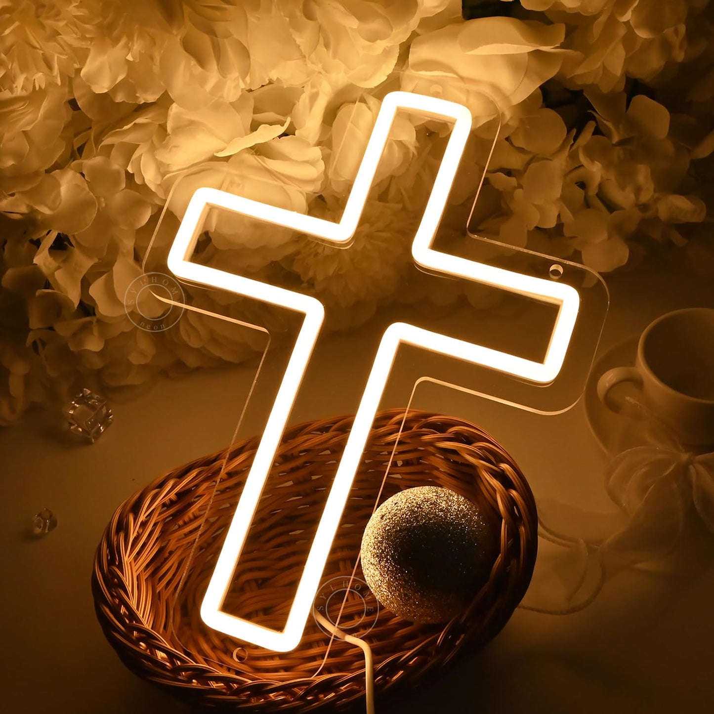 SYLHOME Cross Led Neon Light Sign Kids Bedroom Nursery Wall Sign Decor Christening Baby Shower Wedding Birthday Party Backdrop 11.8" X 8.66" USB