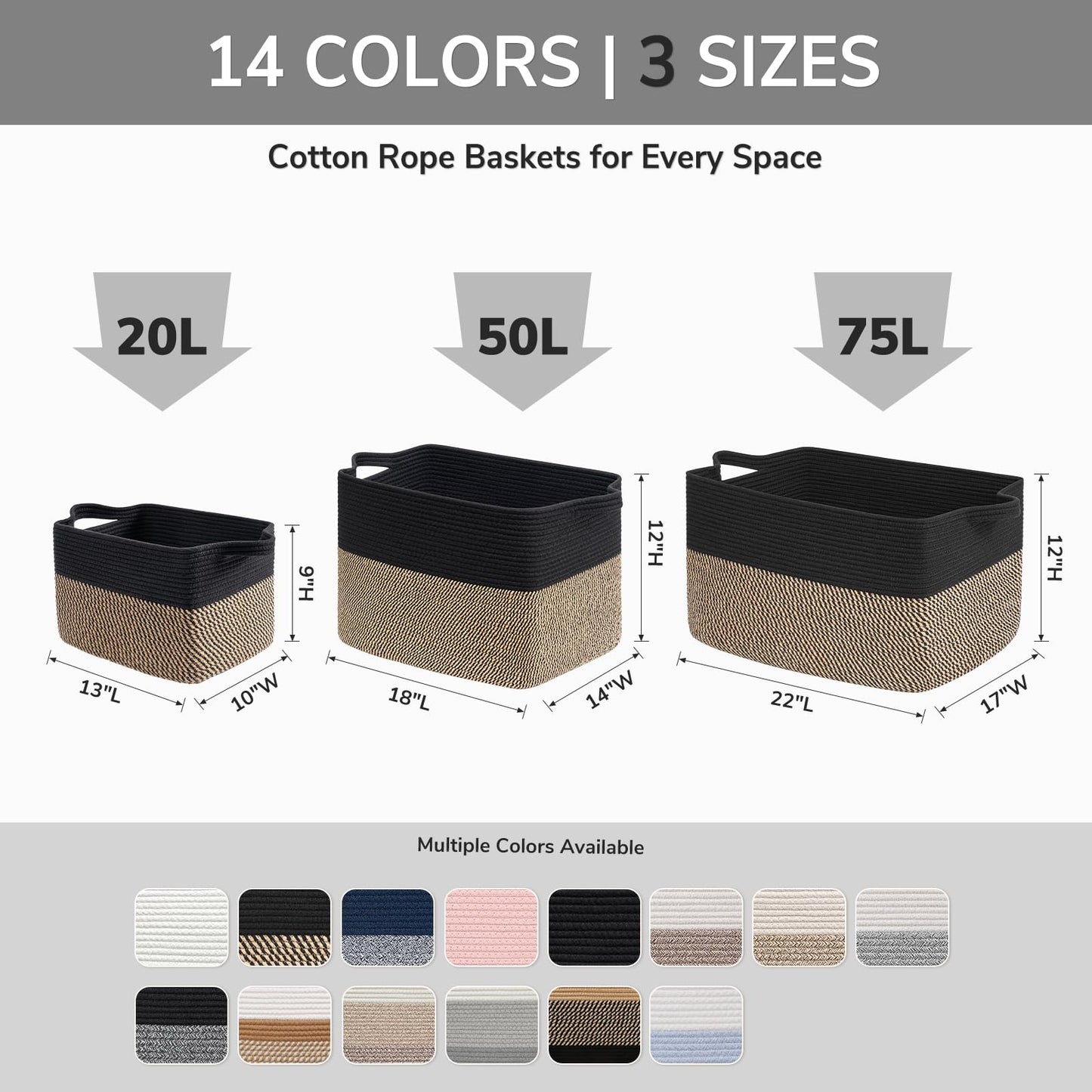 Goodpick Woven Storage Baskets for Organizing, Cotton Rope Organizer for Living Room Bedroom, Black Laundry Basket with Handles, Stylish Gift Baskets for Baby Boys, 13"x10"x9"
