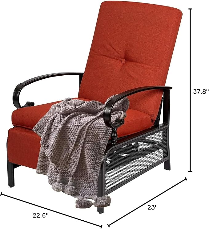 Oakcloud Adjustable Outdoor Lounge Chair Metal Patio Relaxing Recliner Chair with Removable Cushions(Red)