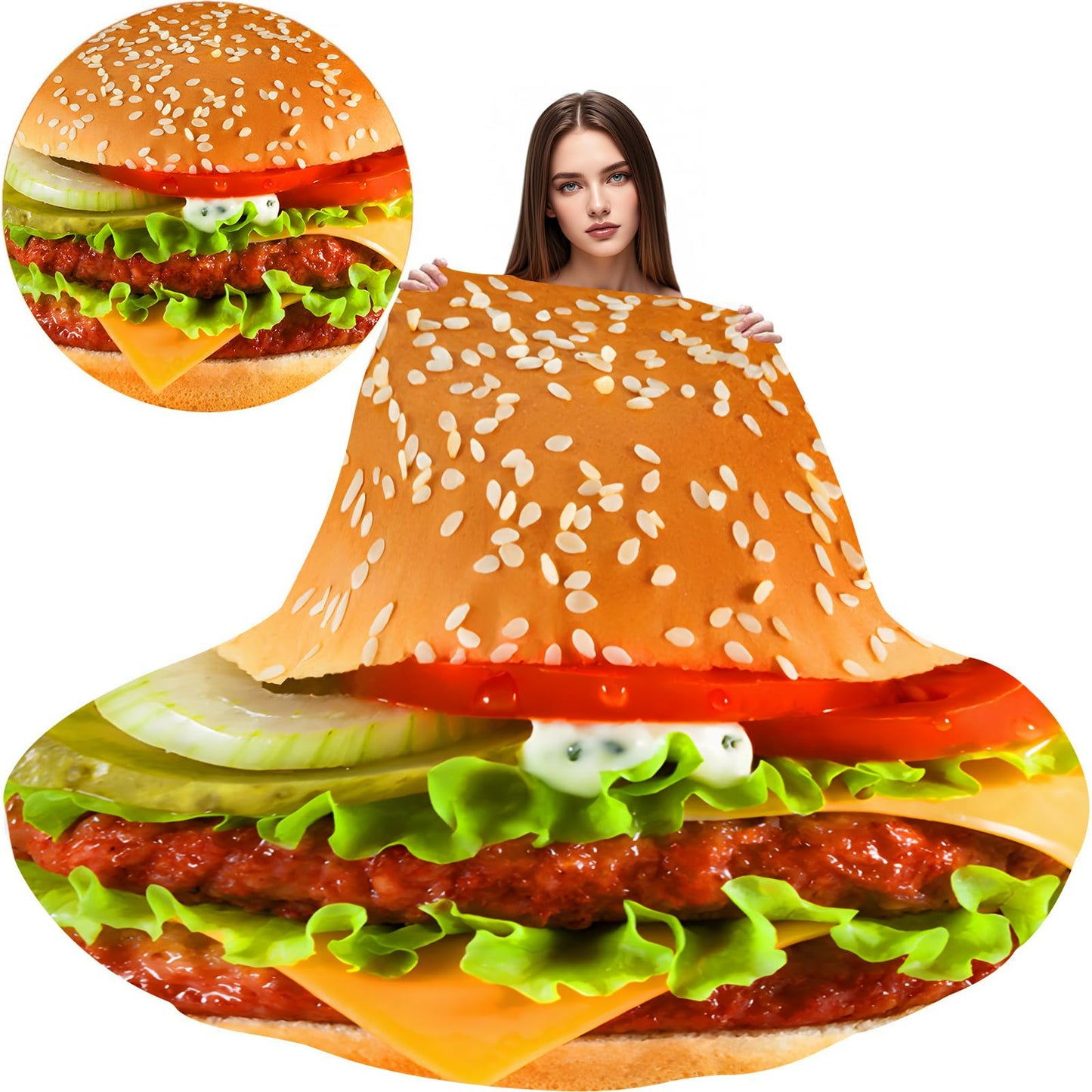 Hamburger Blanket for Kids Adults Round Cozy Flannel Funny Gifts Realistic Food Giant Big Throw Blankets Novelty Soft for Men Women for Bed Couch 71 Inches