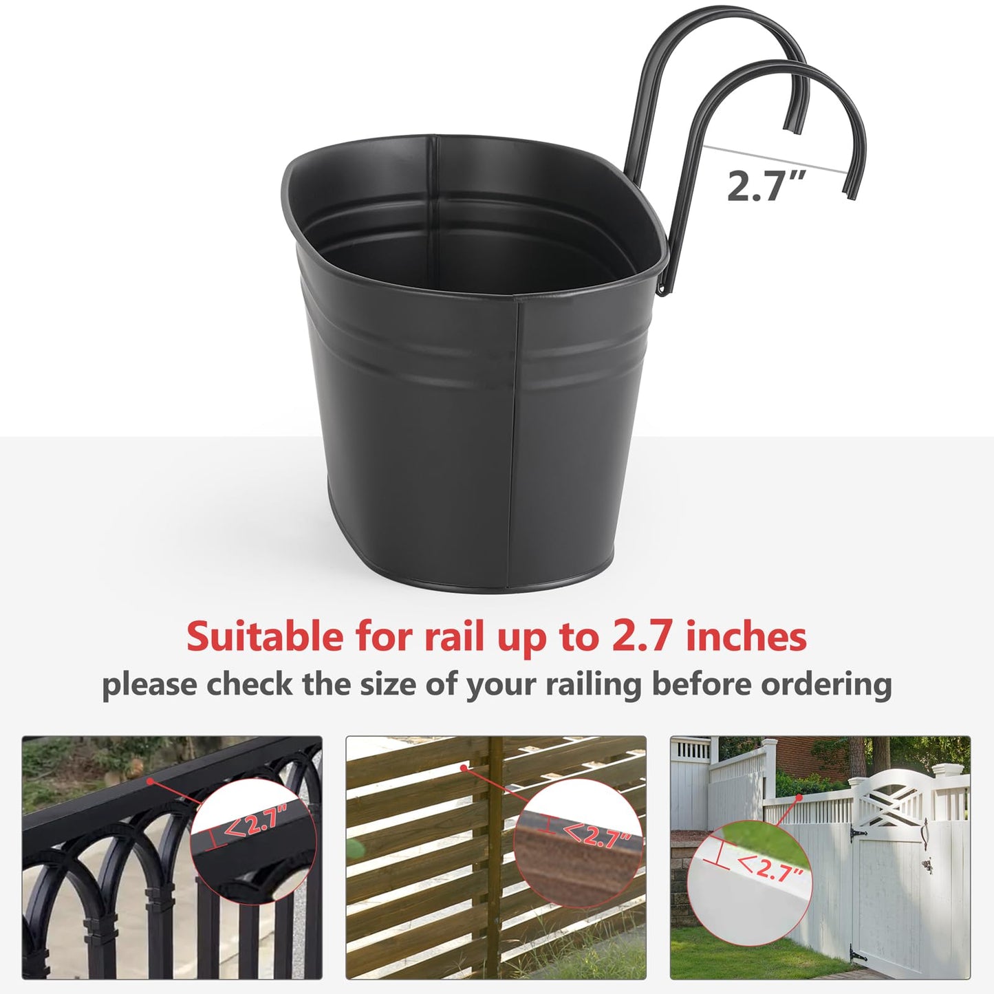 Dahey 10.5 Inch Metal Iron Hanging Flower Pots for Railing Fence Hanging Bucket Pots Countryside Style Window Flower Plant Holder with Detachable Hooks Home Decor,Black,5 Pcs