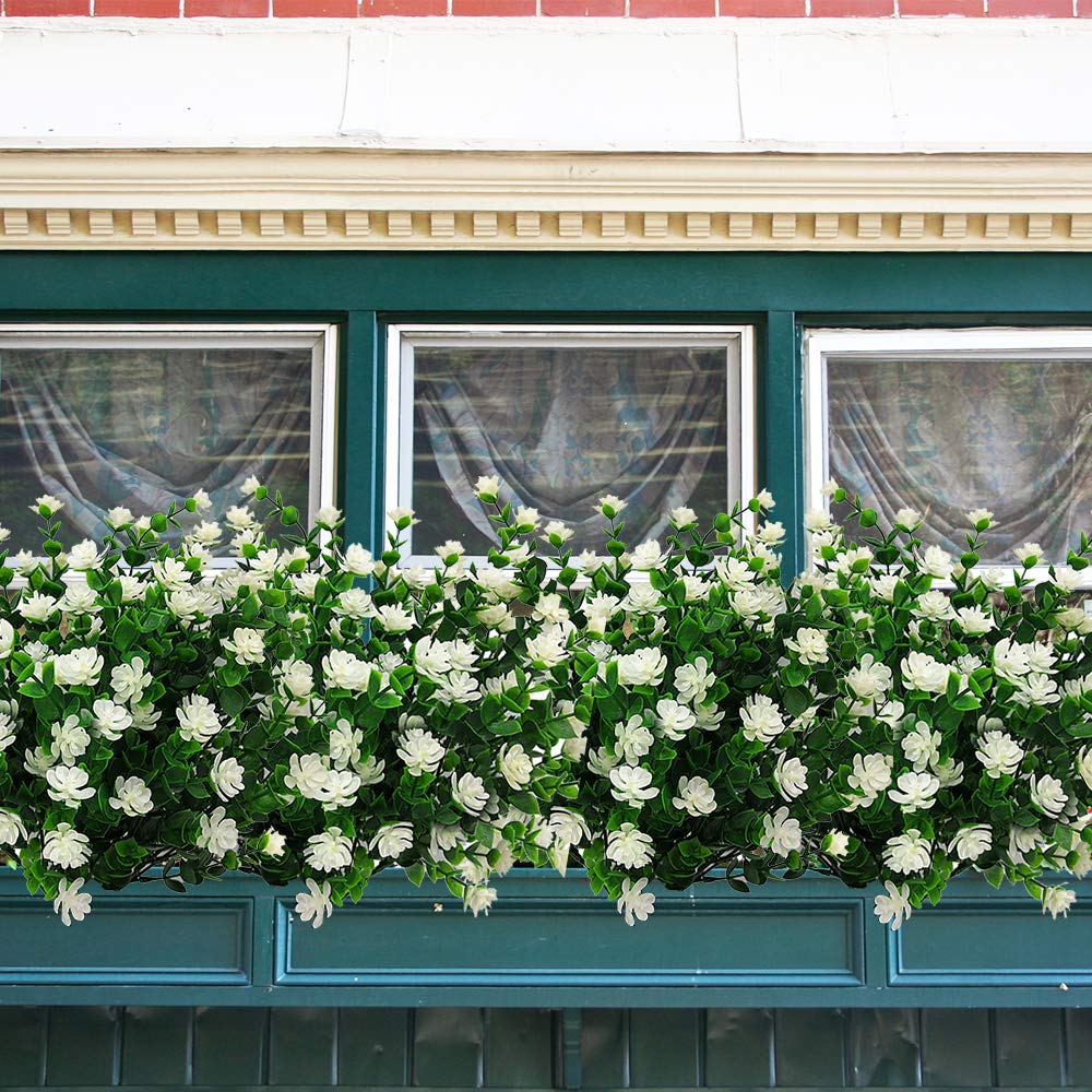 Grunyia 10 Bundles Artificial Fake Flowers, Faux Outdoor Plastic Plants UV Resistant Shrubs Outside Indoor Decorations (White-Eucalyptus)