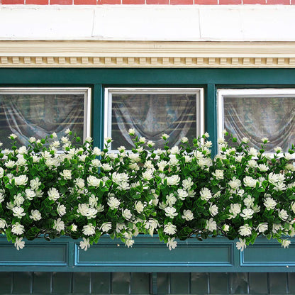 Grunyia 10 Bundles Artificial Fake Flowers, Faux Outdoor Plastic Plants UV Resistant Shrubs Outside Indoor Decorations (White-Eucalyptus)