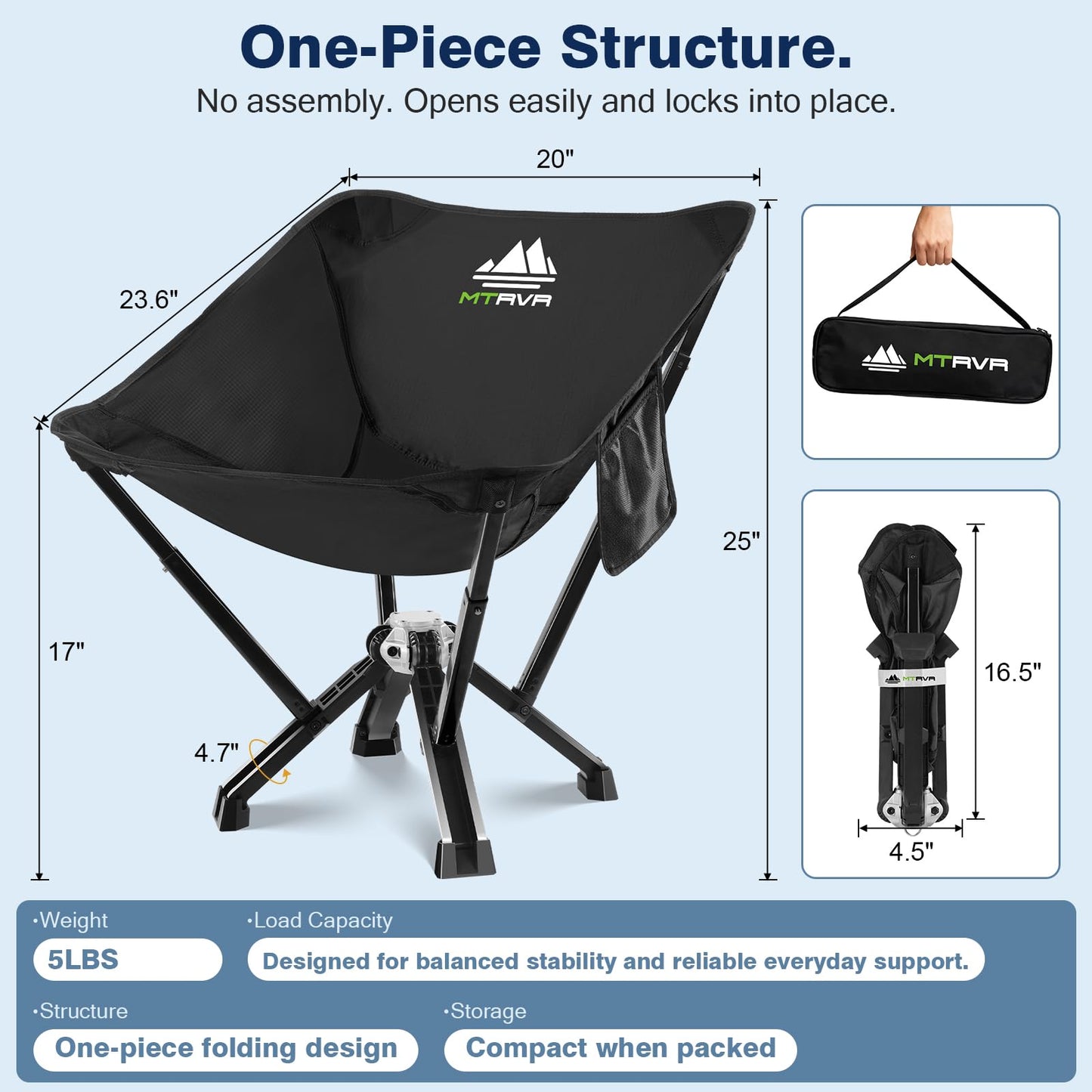 MTRVR Utility-Grade Folding Chair — Stable One-Piece Structure, Authorized Folding Structure Patent, Balanced Aluminum Support, Compact & Portable Chair for Camping, Fishing & Everyday Outdoor Use