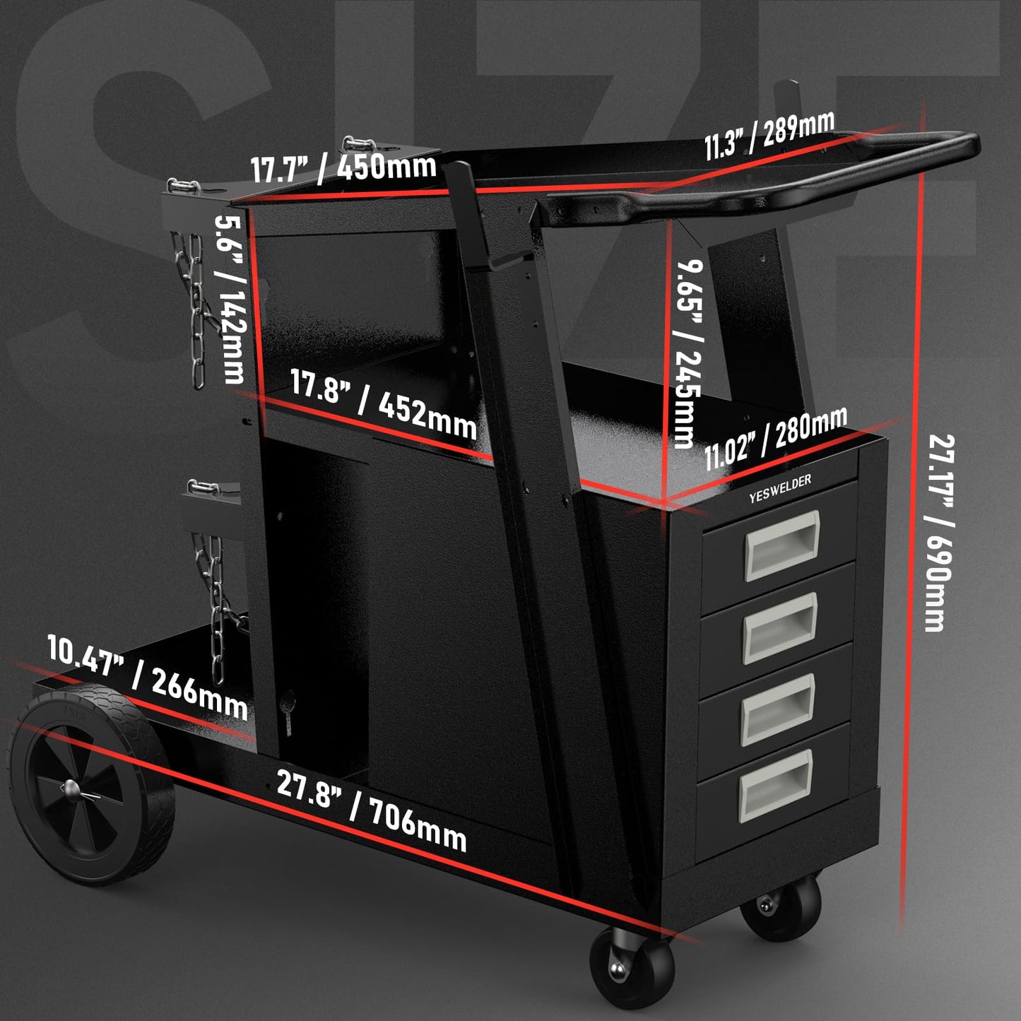 YESWELDER 2-Tier Welding Cart with 4 Drawers, Heavy Duty Large Storage Welding Trolley with 360° Rolling & Safety Chains for MIG TIG Welder and Plasma Cutter