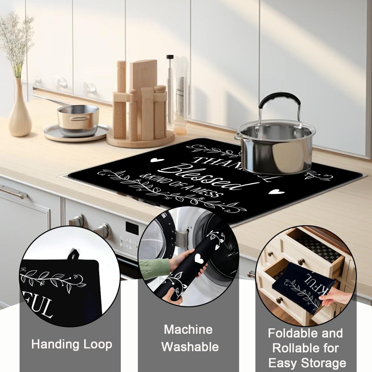 Funny Stove Top Cover for Electric Stove, Black Range Covers, Thanksgiving Range Top Mats, Thankful Blessed Cooktop Cover 28x20 inch, Glass Cooktop Covers for Kitchen Holiday Home Decor