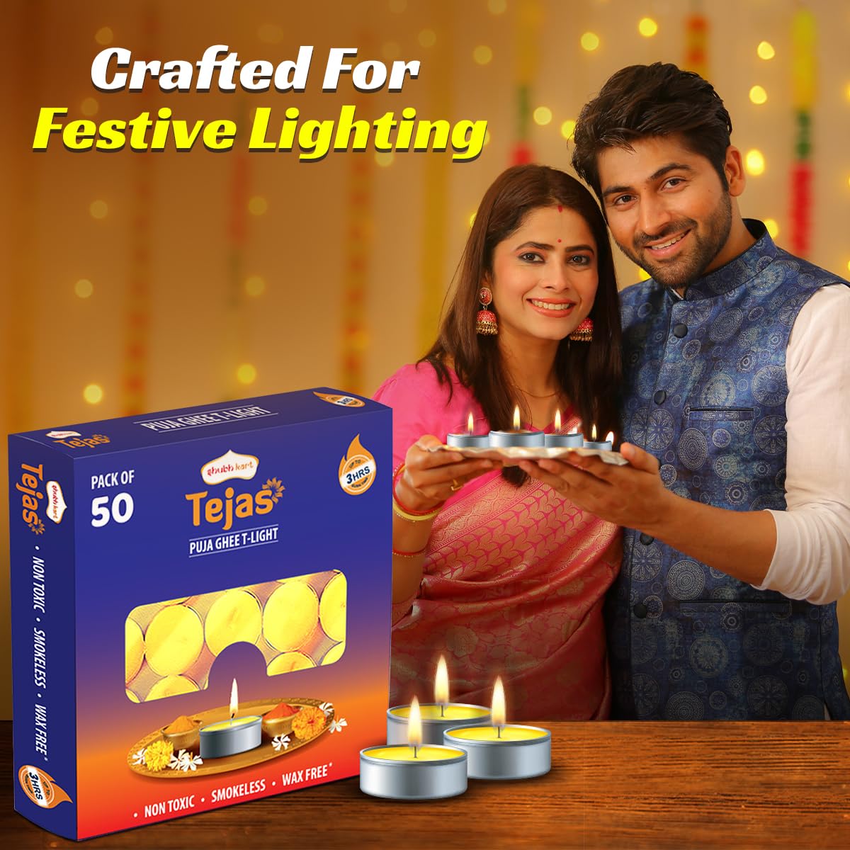 Shubhkart Tejas Premium Ghee T-Light Candle Set of 50 Wax-Free Smokeless Tealights for Prayer Rooms, Meditation, Home, Festive Events, Weddings & Gifting with Bright Long-Lasting 3-Hour Pure Flame
