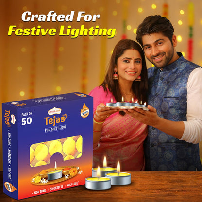 Shubhkart Tejas Premium Ghee T-Light Candle Set of 50 Wax-Free Smokeless Tealights for Prayer Rooms, Meditation, Home, Festive Events, Weddings & Gifting with Bright Long-Lasting 3-Hour Pure Flame