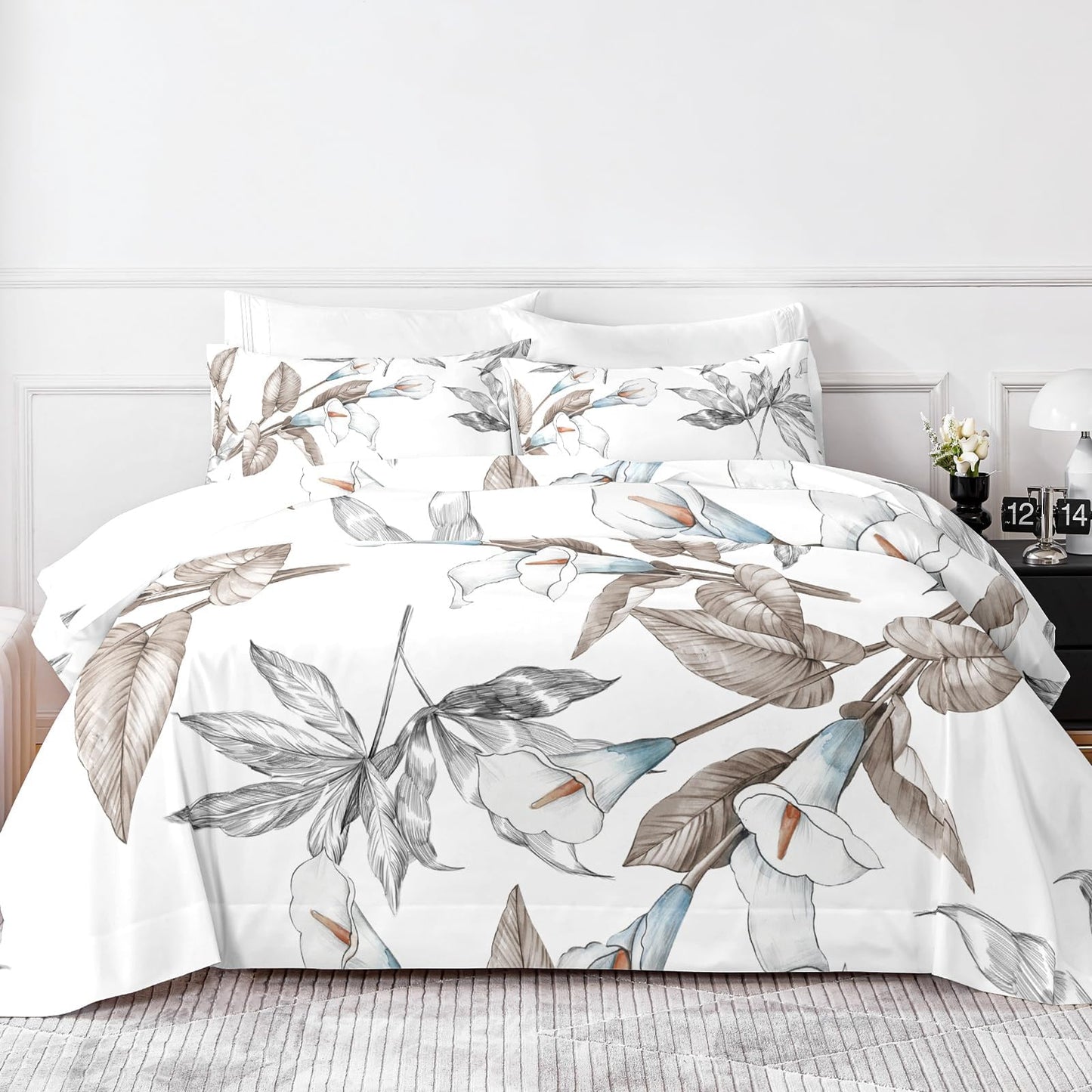 HCORA Floral Queen Sheet Set, Luxury 1800TC Hotel Quality Double Brushed Microfiber Deep Pocket Bed Sheets, Ultra Soft, Breathable and Cooling, 4PC, Queen Size