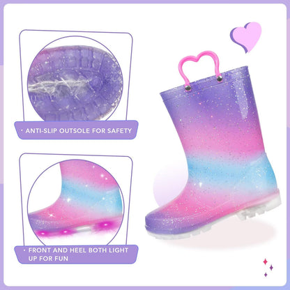 EUXTERPA Light Up Wellies for Boys Girls, Girl Gradient Kids Welly Boots Children Wellingtons Waterproof Boots with Handle Size 10 UK Child