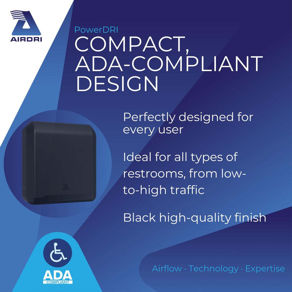 Airdri PowerDRI Automatic Hand Dryer - .8kW Low Energy Motor - 10-Second Dry Time - H13 HEPA Filter - 75dBA Noise Output - ADA Compliant - Ideal for High-Traffic Businesses and Venues - Black