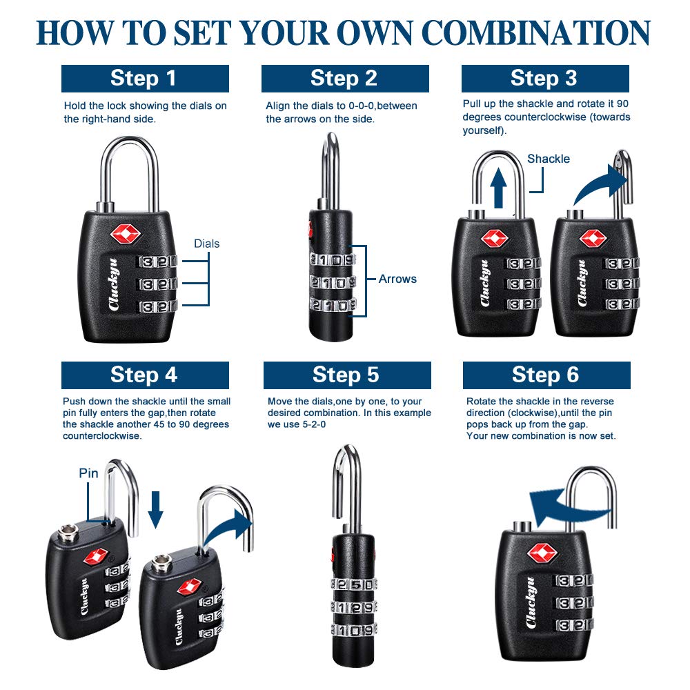 TSA Luggage Locks (4Pack) - 3 Digit Combination Padlocks - Approved Travel Lock for Suitcases & Baggage (Black)