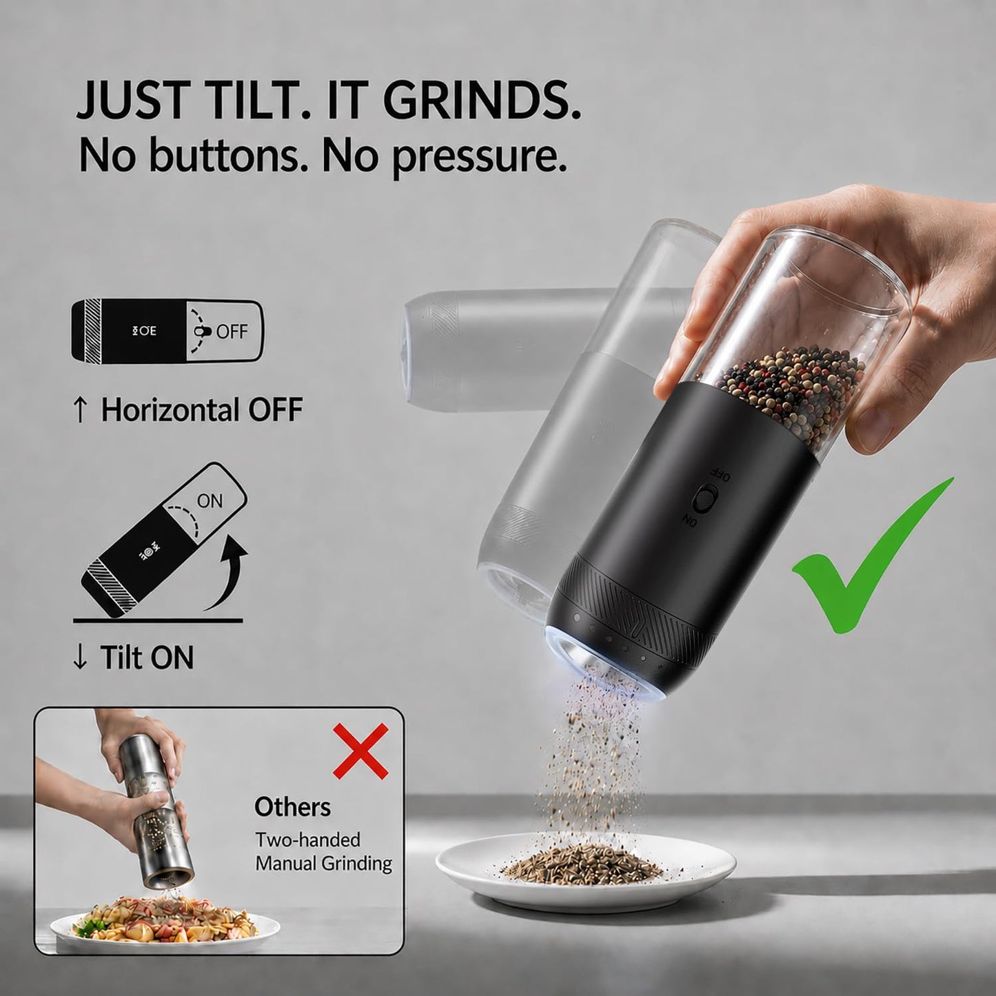 FAMAWO Gravity Electric Salt and Pepper Grinder Set, Rechargeable Automatic Mills with Charging Base, 6-Level Adjustable Coarseness, LED Light, Matte Black, 2-Pack
