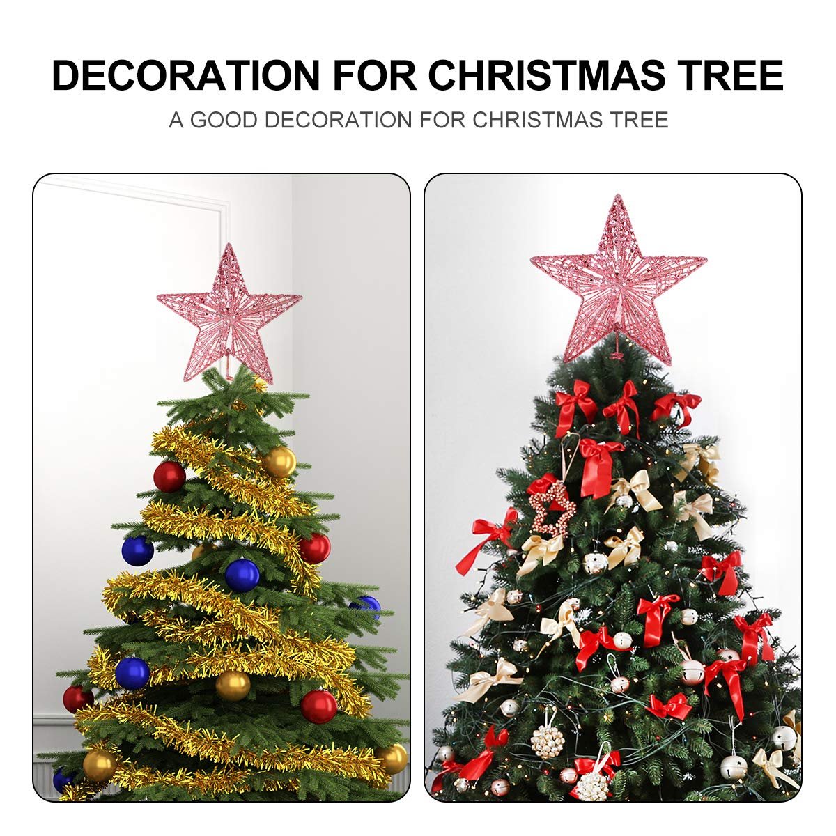 Amosfun Christmas Tree Topper 10 Inch Pink Glitter Star with Metal Hollow Design Wire Star Treetop for Holiday Christmas Home Decoration